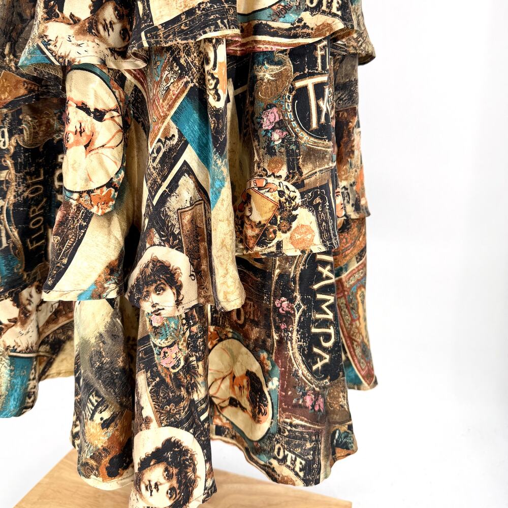 Vintage Y2K Double D Ranch Brown 100% Silk Ephemera Print Blouse Skirt Set - Picture 5 of 11